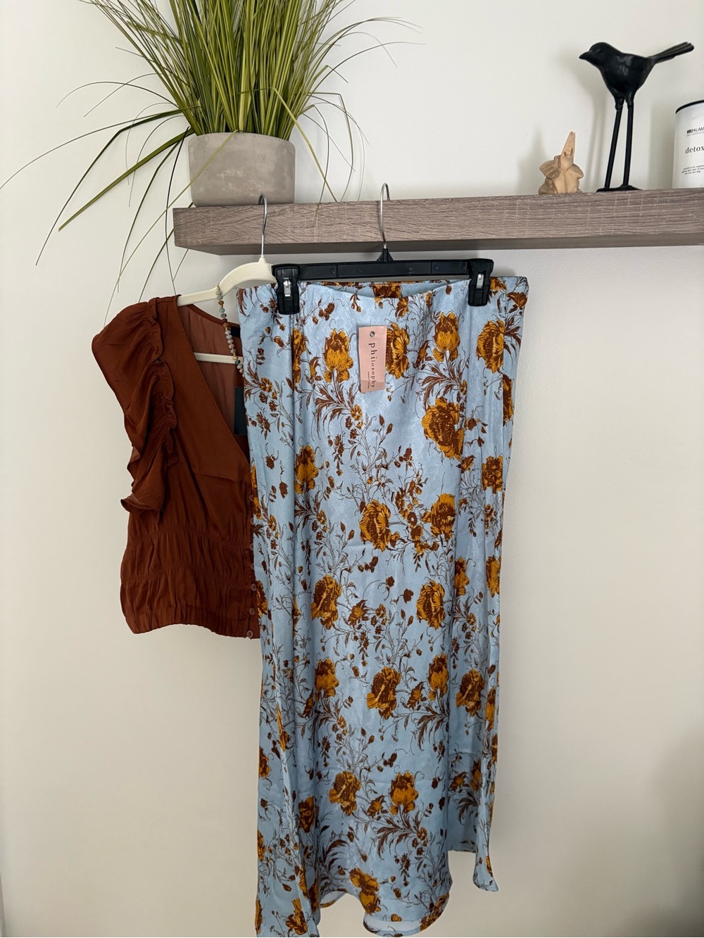 Philosophy Light Blue Maxi Skirt with Mustard Floral Print fall